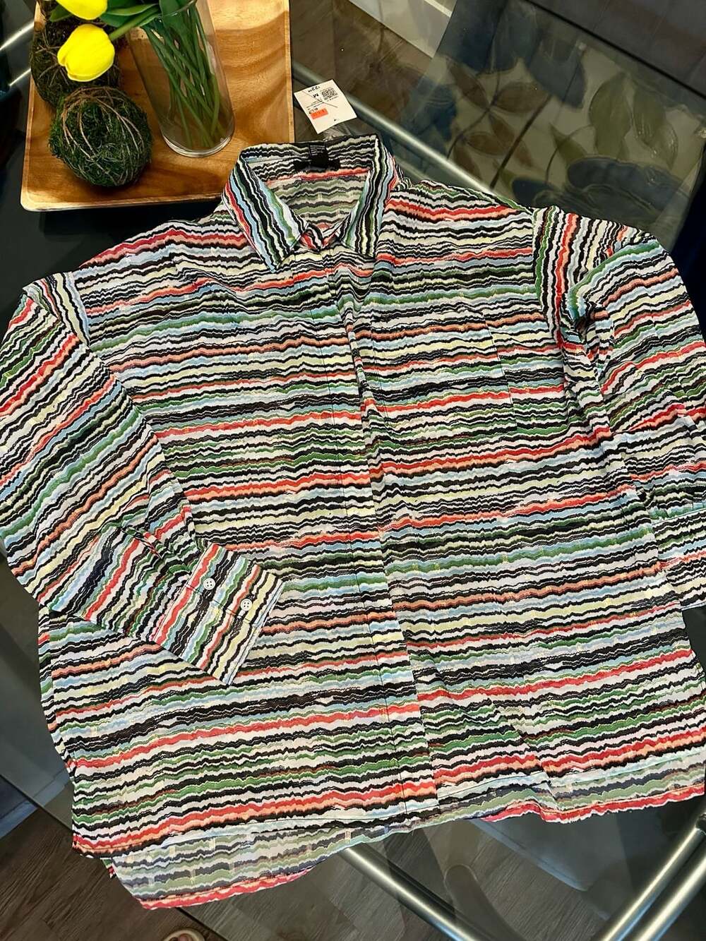 Forever 21 Multicolor Wavy Stripe Metallic Shimmer Button-Down Shirt Size M - Picture 2 of 3